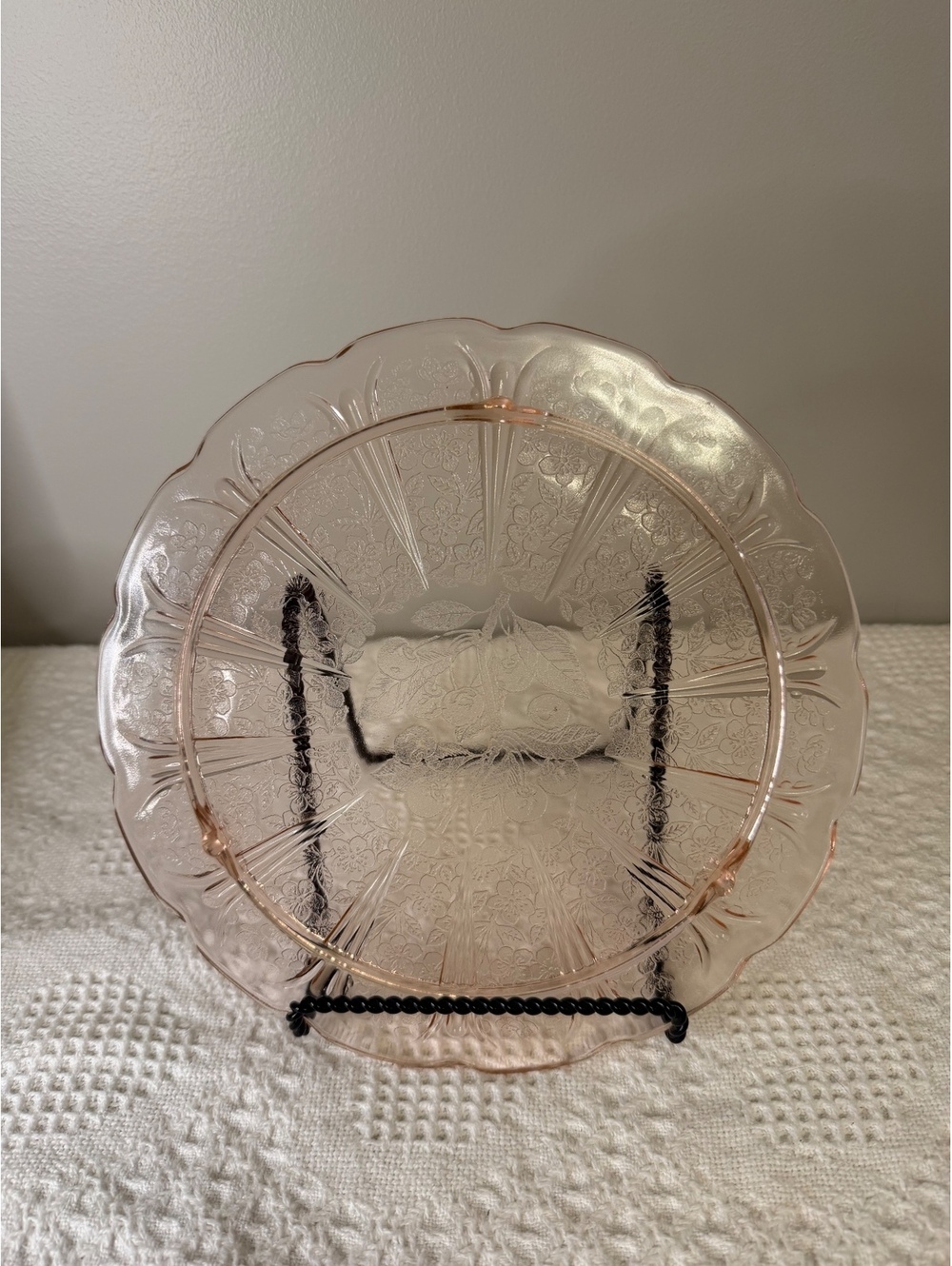 Pink depression glass vintage footed cake plate with cherry blossom design